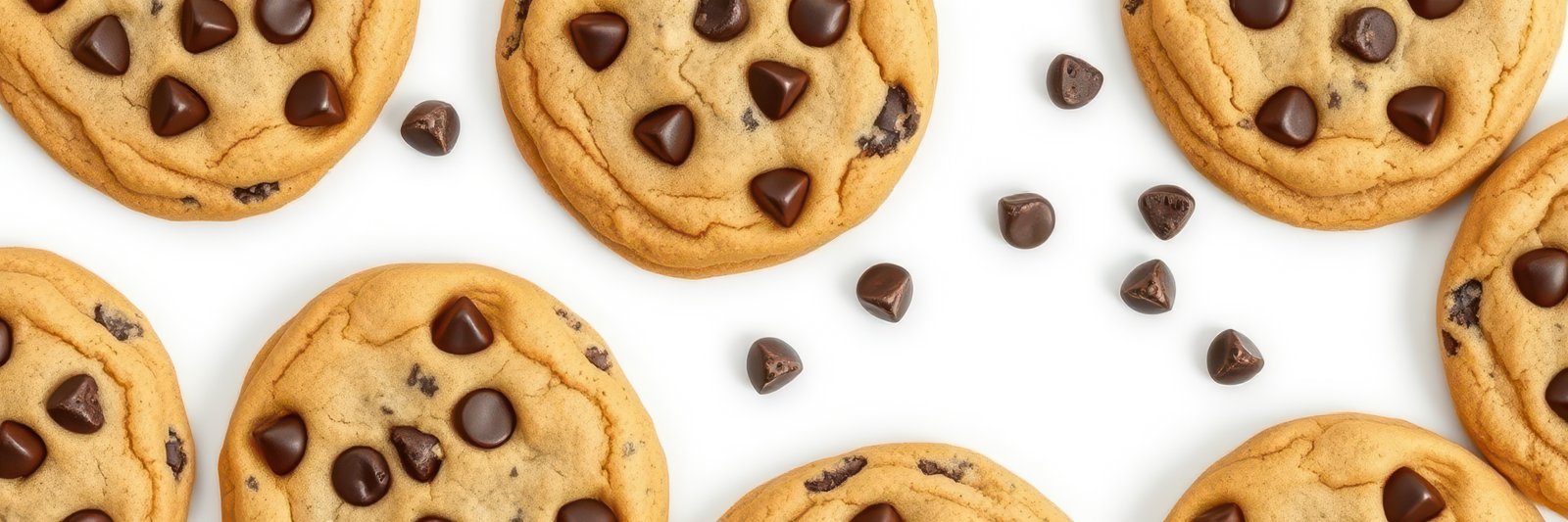 Soft chocolate chip cookies arranged neatly on a white background with scattered chocolate chips